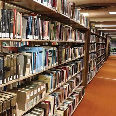 Shelf of books in the Calvin T. Ryan Library